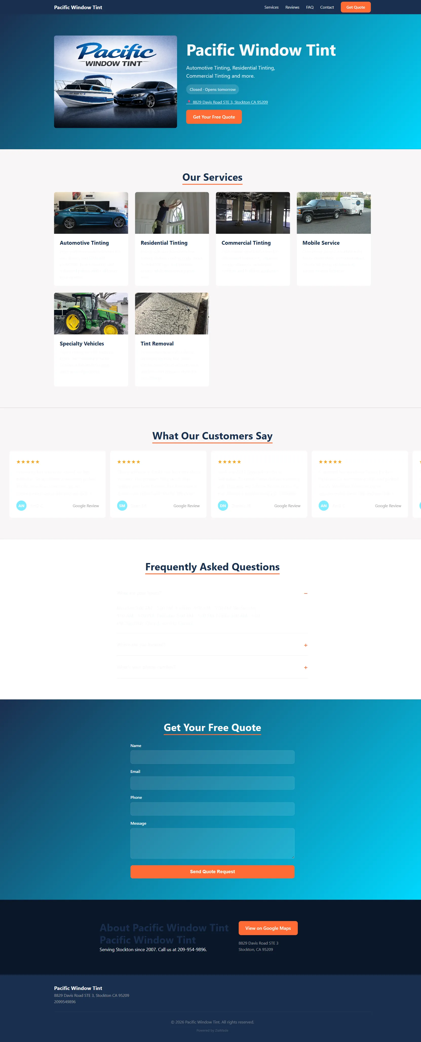 Pacific Window Tint website screenshot